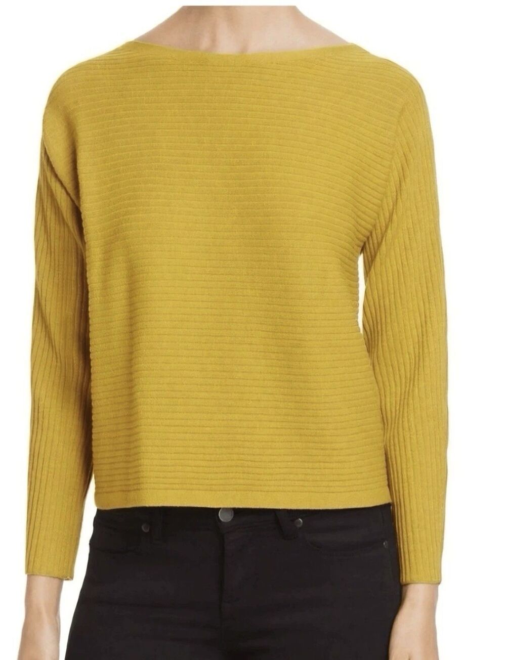 Eileen Fisher Woman mustard yellow ribbed boat neck wool sweater sz 2X See Flaw